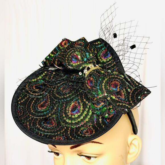 Peacock Fascinator Tea Party Costume Retro Style Sequin Hat - Picture 3 of 3